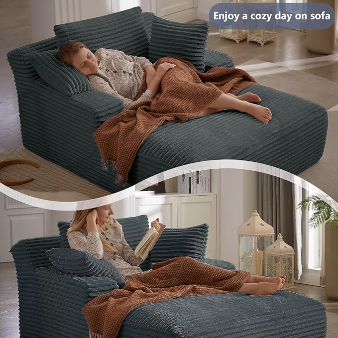 49.2 Oversized Chaise Lounge Chair Deep Seat Upholstered Cozy Cloud Couch Modern Corduroy Floor Sleeper Sofa Bed Reading Chair for Living Room Bedroom Apartment Office Indoor Dark Grey