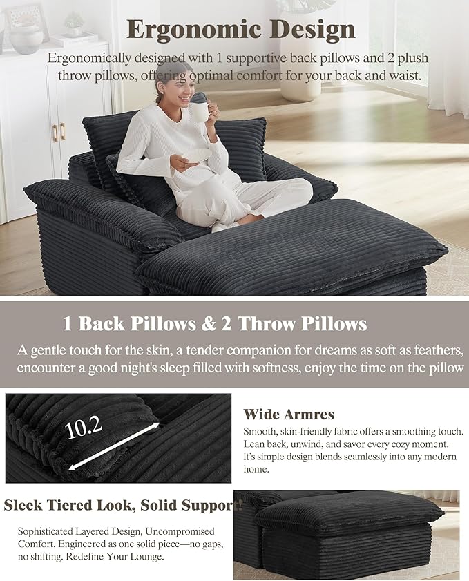 Oversized Chaise Lounge Chair Indoor Upholstered Corduroy Couch with 3 PillowsComfy Fluffy Cloud CouchSingle Sleeper Sofa Chair for Livingroom (Deep Gray + Ottoman 52W X 70.87D)
