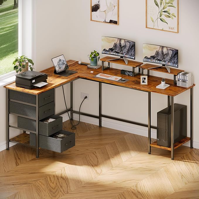66 L Shaped Computer Desk with Power Outlets Home Office Desk with 4 Adjustable Storage Drawers &amp 2 Monitor Stands Large Two Person Gaming Table for Writing Study Rustic Brown