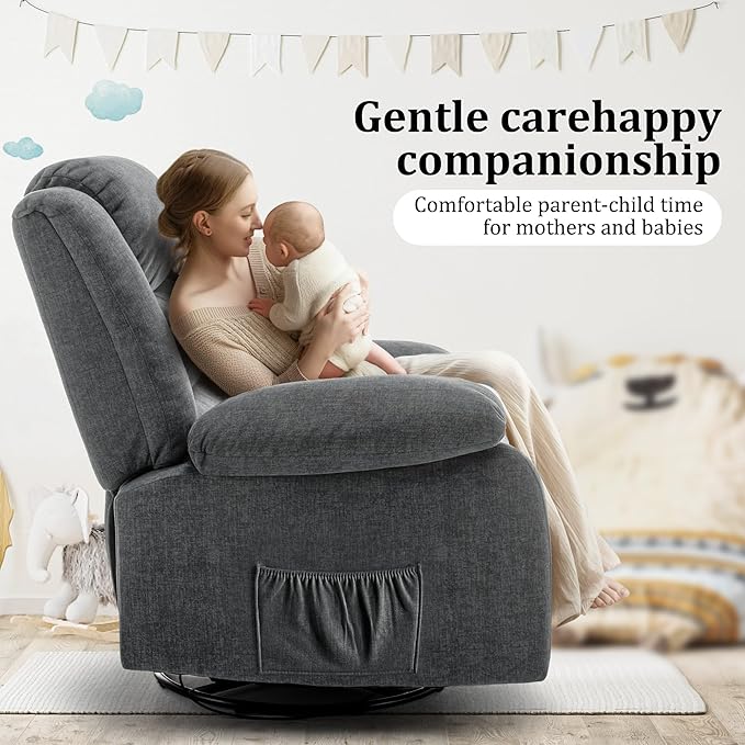 Recliner Chair Wide Rocker Chair Rocking Chair with Massage and Heat360°Swivel Nursery Rocking Chairs Oversized Recliner for Adults Cashmere Reclining Sofa for Living Room Grey