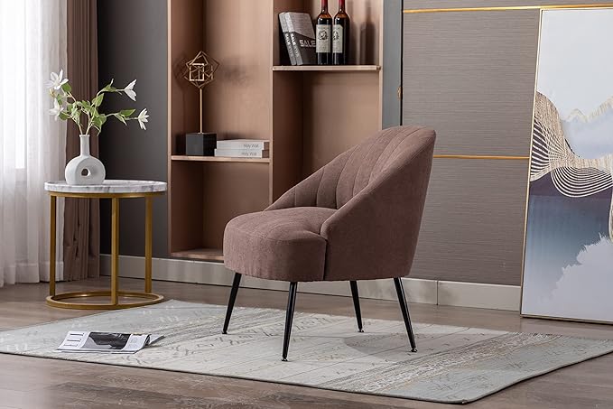 Cotton Linen Fabric Accent Chair with Black Metal Legs for Living RoomCoffee Brown