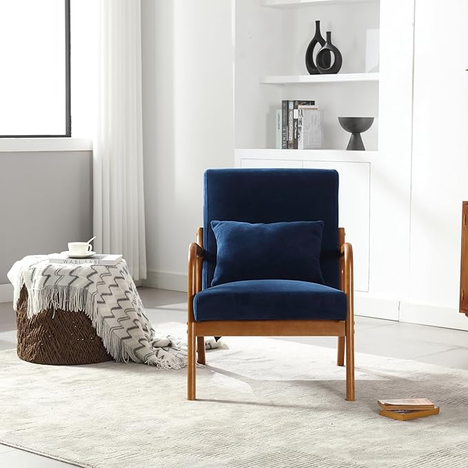 Modern Accent Chair Solid Wood Padding Lounge Armchairs with One Pillow for Living Room Bedroom Guest Room (Navy)