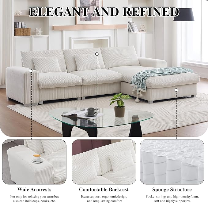 113 Inch Modular Sectional SofaModern l-Shaped Deep Seats Corduroy CouchSponge Couches with Chaise Lounge for Living Room Or Bedroom (White)