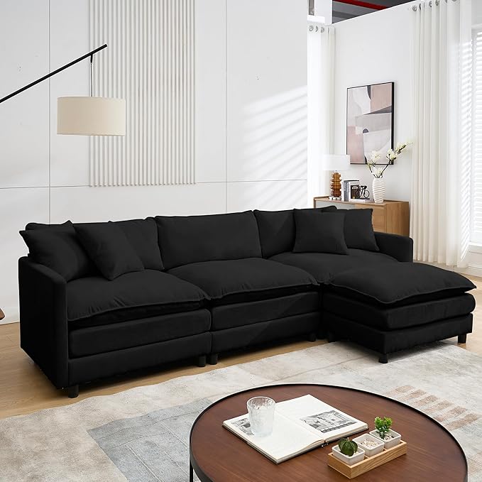 Modular Convertible Sectional Couch L-Shaped 4 Seat Sofa with Reversible Chaise Deep Seat Cloud Couch Sleeper Sofa Bed Chenille Fabric with Pillow for Living Room Bedroom and Apartment