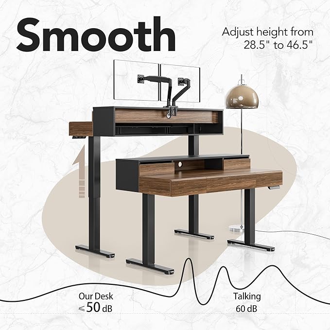 HUANUO Standing Desk with Drawers 48 Inches Electric Height Adjustable Desk with Storage Whole-Piece Board Sit Stand Up Desk with Monitor Shelf Black Walnut