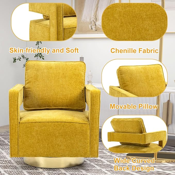 ODUWA Swivel Barrel ChairsModern Square Chenille Arm Chair with Gold Stainless Steel BaseUpholstered Comfy 360 Degree Swivel Single Club ChairLeisure Chair