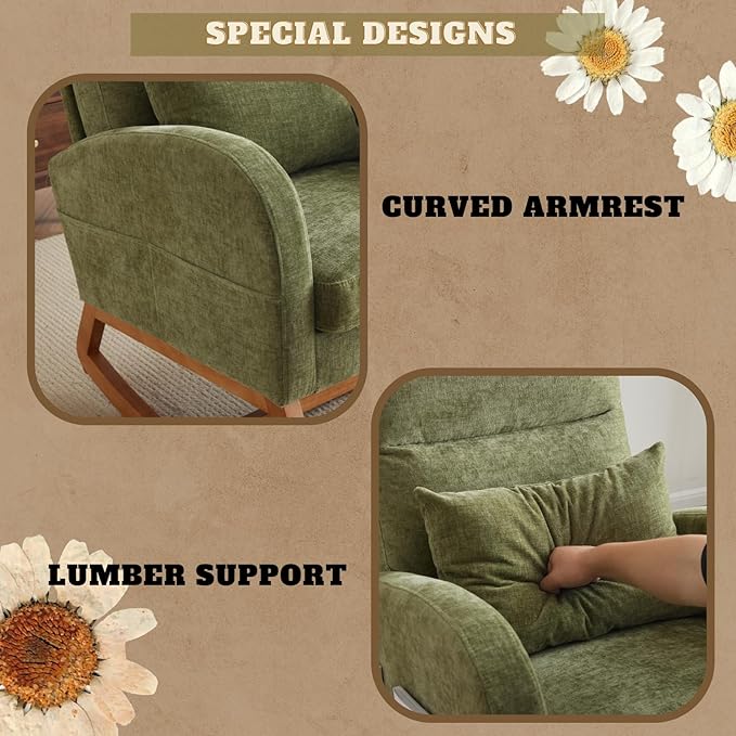 VINGLI Olive Chenille Rocking Chair Nursery with Thick Headrest Upholstered Mid-Century Modern Nursing Rocker Glider with Curved Armrest Sturdy Solid Wood Base for Living Room Bedroom Baby Room