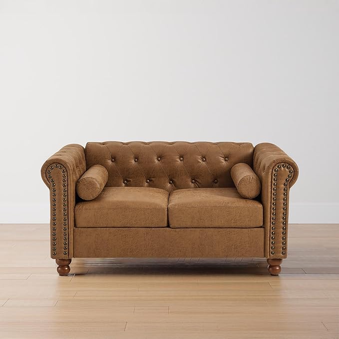 Air Leather Tufted Loveseat Couch Rolled Arm 2-Seater Sofa with Nailhead Trim and 2 Neck Roll Pillows Living Room Small Apartment Office Décor Brown
