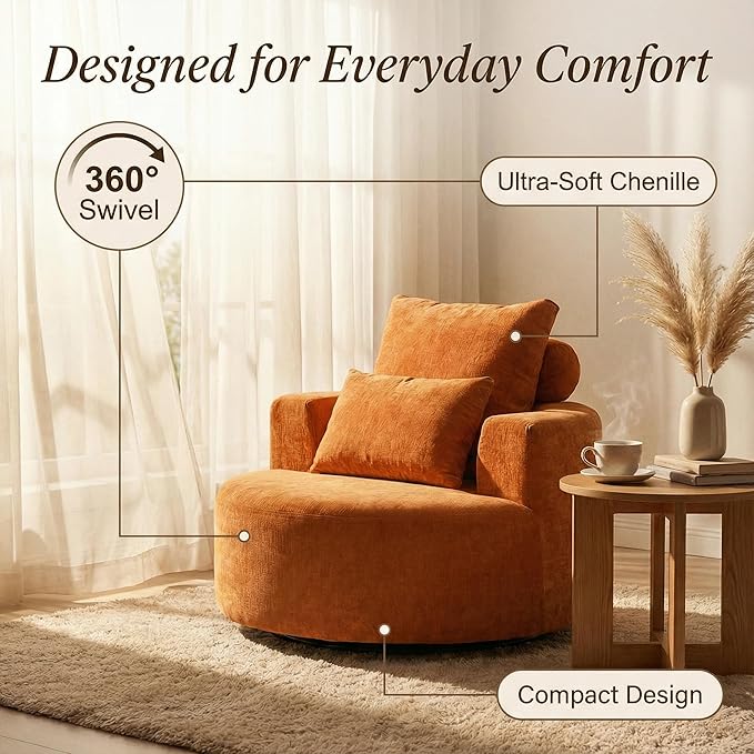 Furnimart 40 Oversized Barrel Accent Chair Set of 2 360° Swivel Round Upholstered Sofa Chenille High-Resilience Sponge No Assembly Wide Seat for Living Room Bedroom Apartment (Orange)