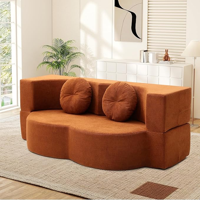 Folding Futon Sofa Bed Modern Convertible Fold Out Chenille Cloud Memory Foam Boneless Floor Lounge Loveseat Sleeper Mattress Sofa Couch with 2 Pillows for Guest Room Living Room Office Orange