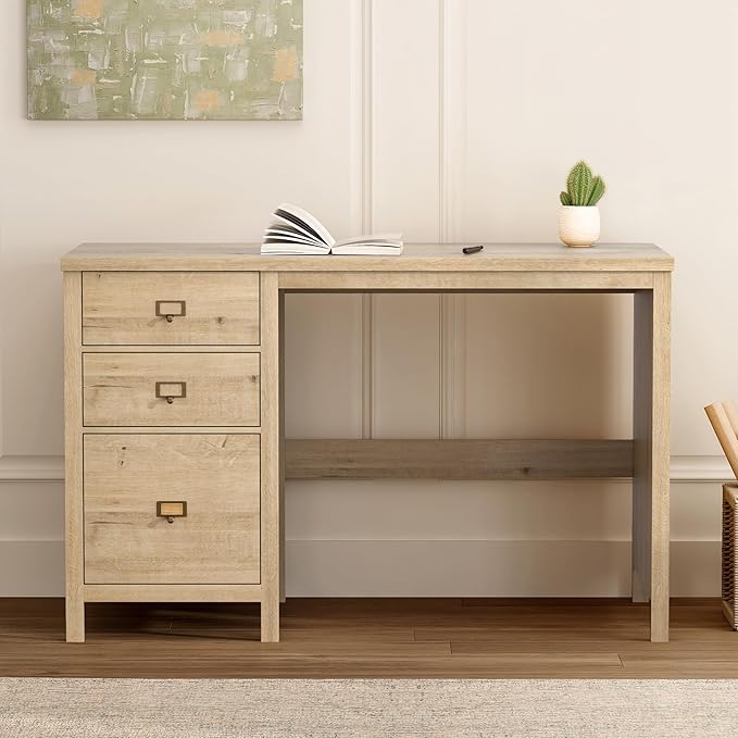 Executive Desk with Drawers Modern Wood Home Office Desk with File Drawer Farmhouse Computer Writing Desk for Working Light Oak
