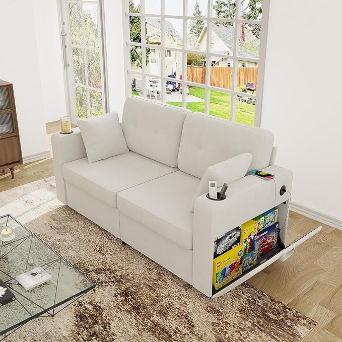 67 Small Loveseat Couch with Storage USB Charging and Cup Holder Space Saving Furniture Modern Chenille Love Seat Sofa Small Couches for Small Spaces Bedroom Apartment Beige