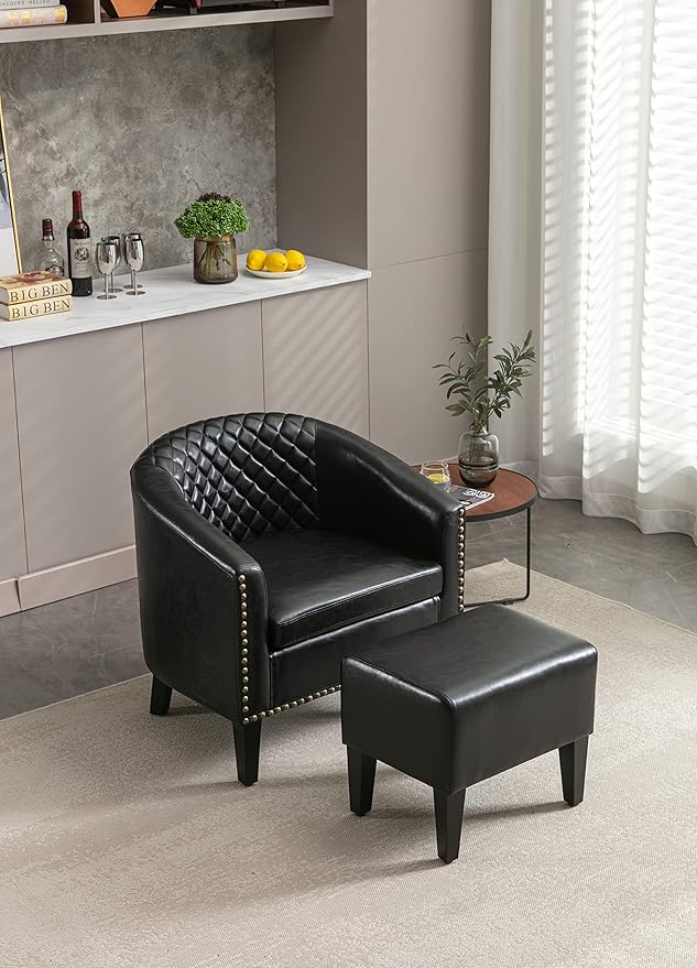 Accent Chair with Ottoman Mid Century Modern Barrel Chair Upholstered Club Tub Round Arms Chair for Living Room