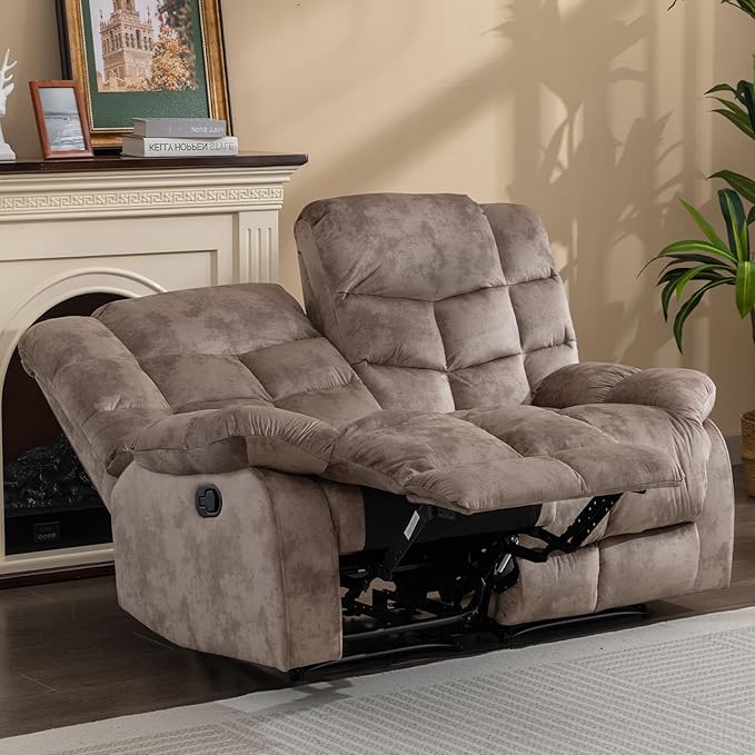 EBELLO Loveseat Recliner Sofa for Living Room Extra Wide Modern Overstuffed 2 Seat Reclining Manual Sofa Chair Breathable Fabric and Padded Cushion Light Brown
