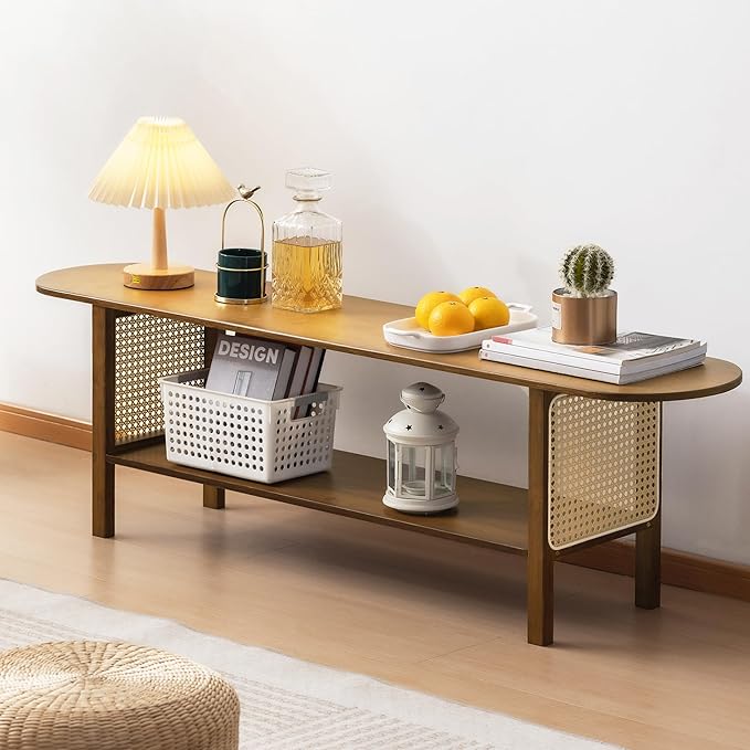 Bamboo TV Stand for TVs up to 65 Accent Entertainment Center with Storage Media Console Table with Rattan Modern TV Stand for Living Room Bedroom 55(L) Walnut