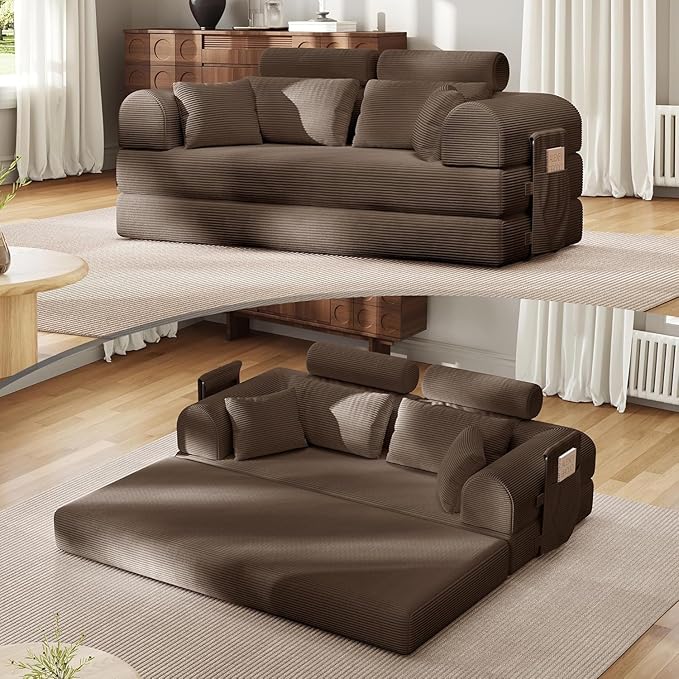 79'' Upgrade High Backrest Sofa Bed with Fixed Frame Removable Armrests &amp Backrest Corduroy Fabric Convertible Couch for Small Spaces No Assembly Needed (High Backrest Brown)