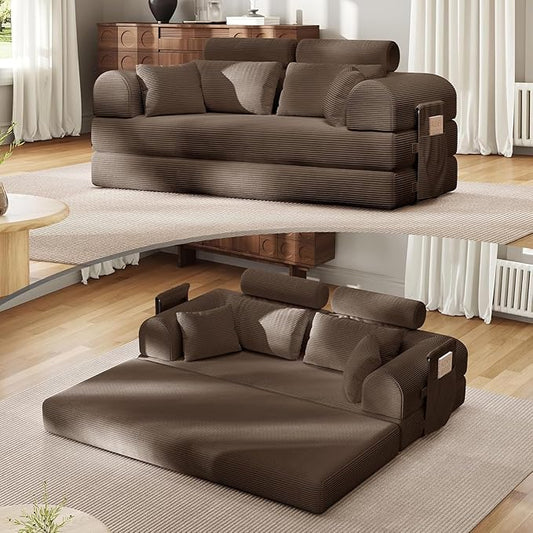 79'' Upgrade High Backrest Sofa Bed with Fixed Frame Removable Armrests &amp Backrest Corduroy Fabric Convertible Couch for Small Spaces No Assembly Needed (High Backrest Brown)