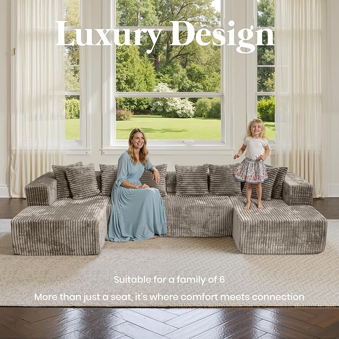 132'' U Shaped Sectional Couches for Living Room Modular Boneless Cloud Sofa with 2 Chaise Lounges 4-in-1 Flexible Combination Layered Foam Cushion Deep Seat Corner Couch No Assembly Light Coffee