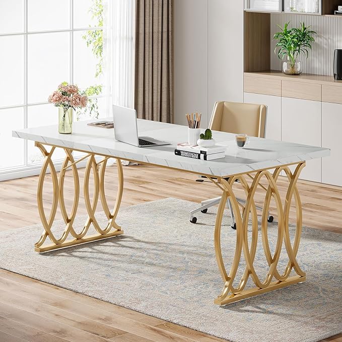 Tribesigns Executive Desk 63 W Large Computer Desk Modern Office Desk Conference Table Meeting Room Table Business Furniture for Home Office White and Gold