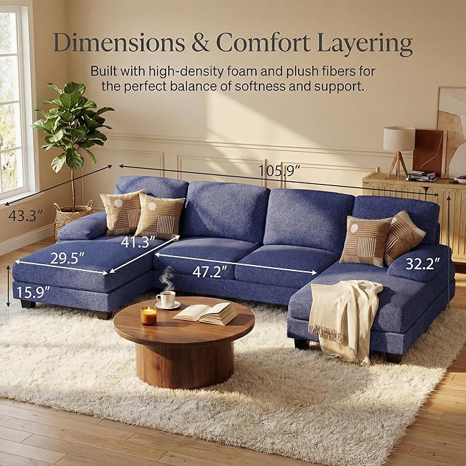 Homall Modular Sectional U Shaped Sofa Couches for Living Room Comfy Loop Yarn 4 Seat Sofa Set with Removable Pillows Lounge Chaise Upholstered Couch for Apartment (Loop Yarn Navy Blue)