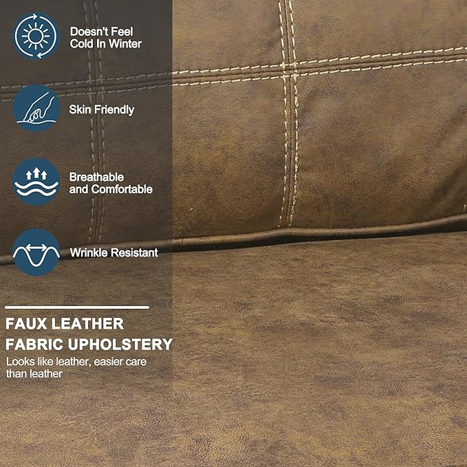 80 Inch Brown Faux Leather Sofa Couch - Wide Armrests with 2 Built-in Cup Holders Contrast Stitching Oversized Leather Love Seat Couches for Living Room Bedroom Apartment