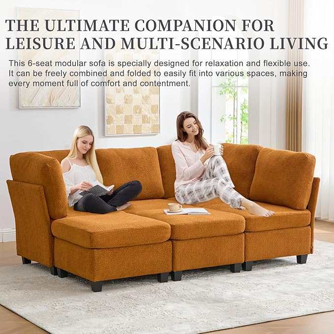 113 Modular Sectional Sofa Couch with Storage U Shaped 4 Seat Couches with Movable Ottoman Freely Combinable Deep Seat Sofa Upholstered Sectional Couches for Living Room Orange