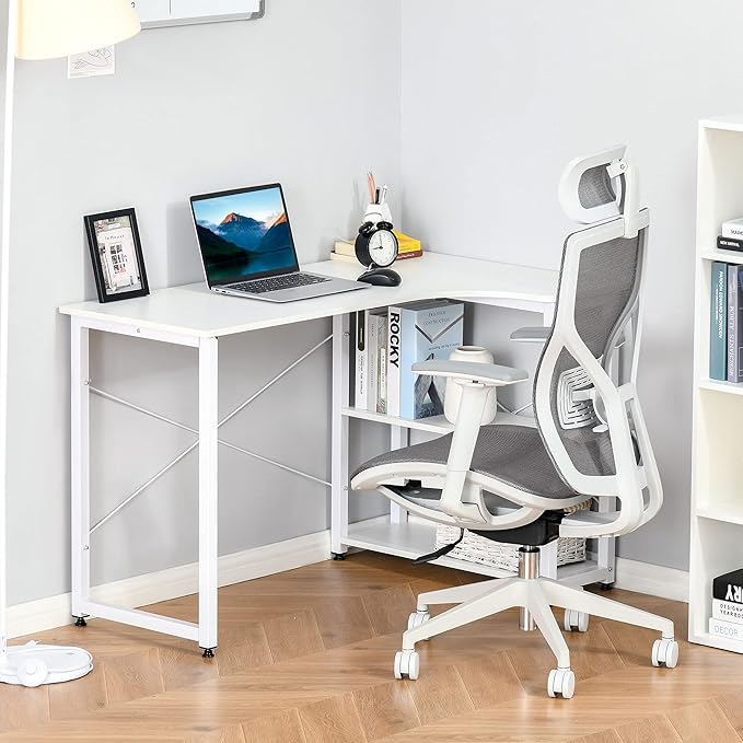 Industrial L Shaped Computer Desk with 2 Side Shelves and Steel e Corner Desk Study Workstation for Home Office White