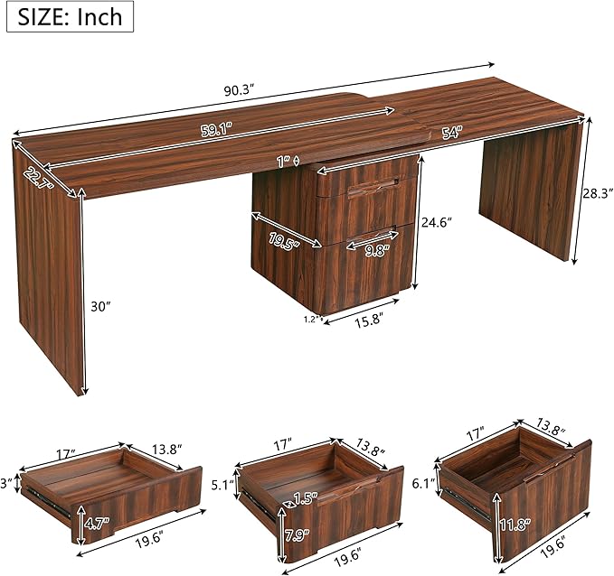 Merax Home Office Desk L Shaped with 3 DrawersWooden Rotating 90 Large DeskExecutive Office WorkstationCorner Work Table for Study WritingWalnut