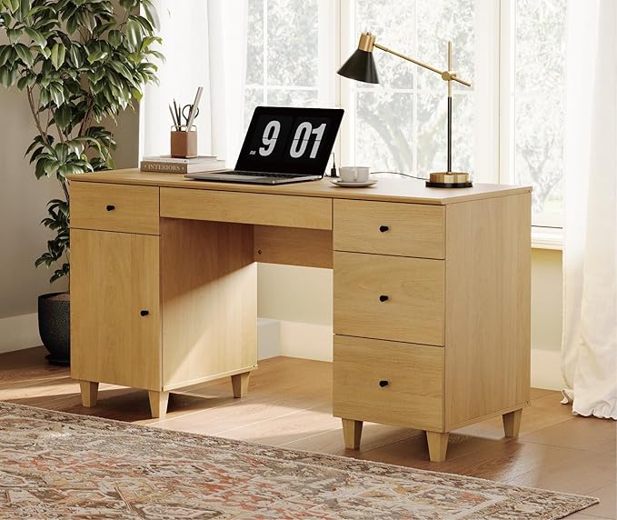 WAMPAT Wood Desk with Drawers &amp Storage Cabinet 58 Inch Modern Wooden Executive Desk with Charging Station Home Office Large Computer Desk Work &amp Study Writing Desk Oak Wood