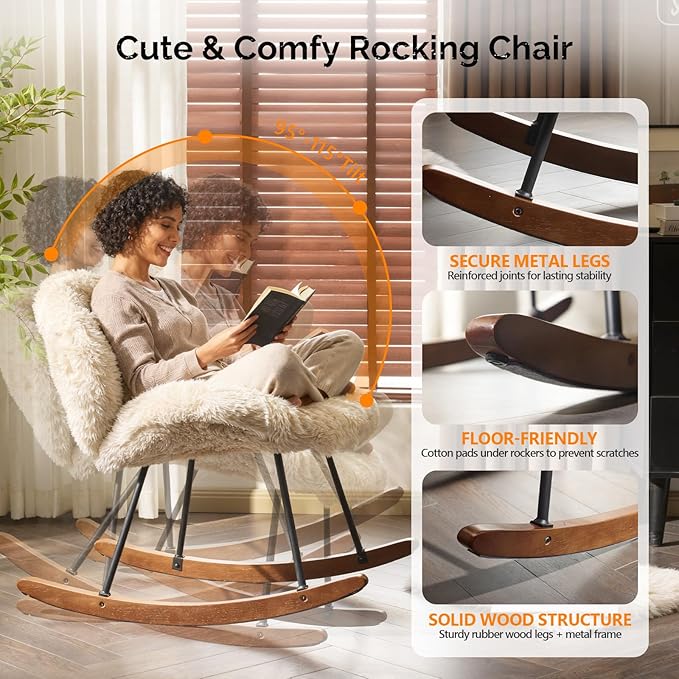 VINGLI 25.6 Extra Wide Nursery 115° Armless Rocking Chair Curved Cute Cross-Legged Glider Chair with Pillow &amp Solid Wood Nursing Chair for Bedroom Living Room Fluffy Fleece Khaki