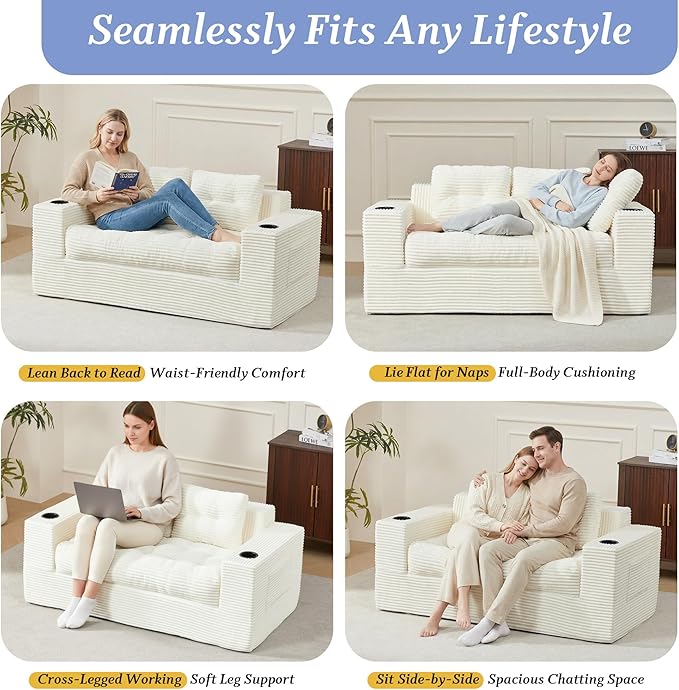 HOMREST 61 Bean Bag Chair for AdultsUpholstered Floor Sofa with Cup HolderLoveseat Boneless Couch for Small SpacesSofa in A Box Large Bean Bag Couch for Bedroom Living Room Beige