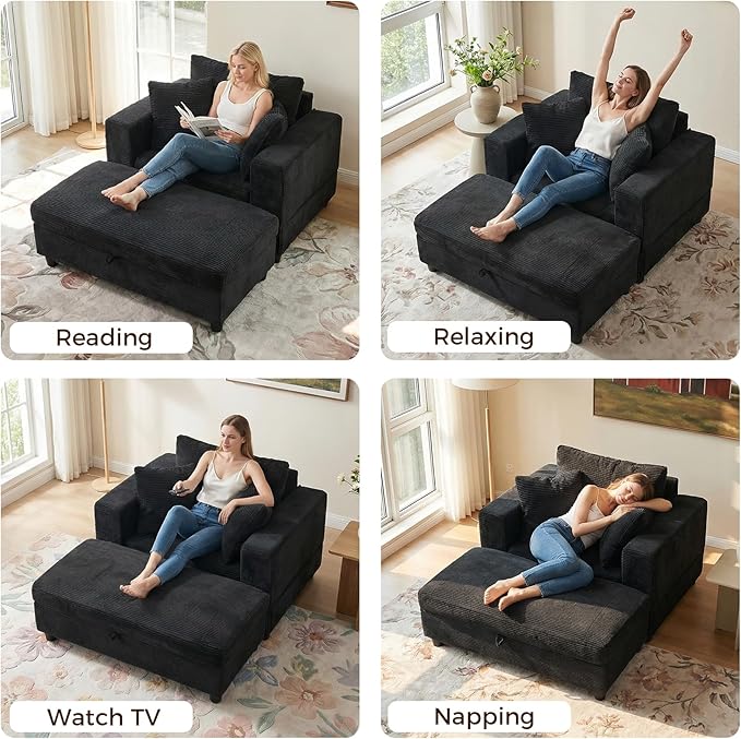 Chaise Lounge Chair IndoorOversized Corduroy Upholstered Sofa Bed with Removable Storage Ottoman Small Cloud Sofas for Living Room Comfy Deep Seat Sleeper Couch Reading Chairs - (Black)