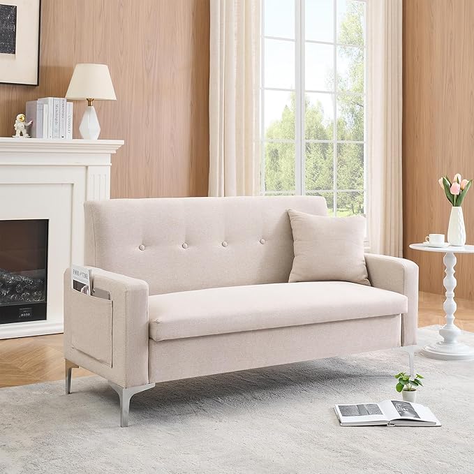 57 Beige Suede Couch Mini Comfy Sofa with Spring Cushions Loveseat Storage Sofa for Bedroom Small Couch for Small Spaces Modern Living Room 2 Seater Sofas with Pillow Seat (Beige)