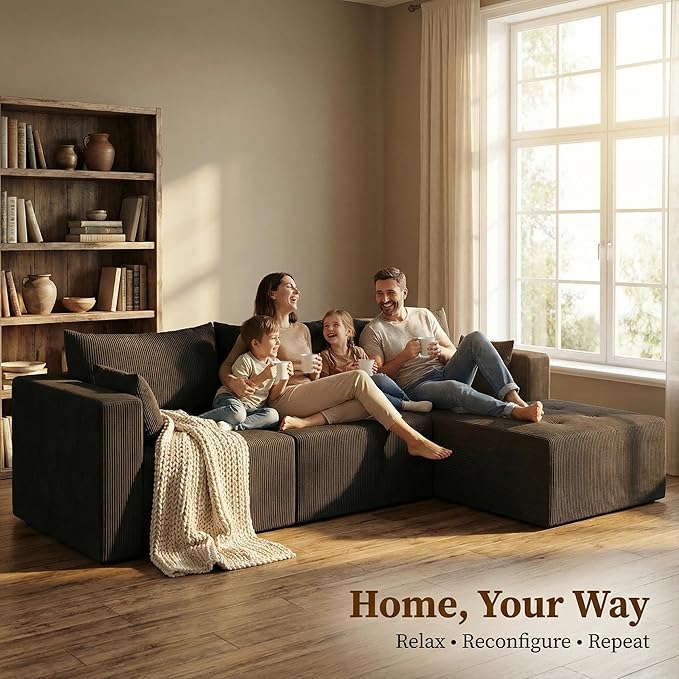 Cloud Modular Sectional Sofa L-Shape Boneless Couch Modern Corduroy Sofa with Chaise Lounge No-Assembly Required Deep Seat Modular Cloud Couch for Living Room Apartment Black