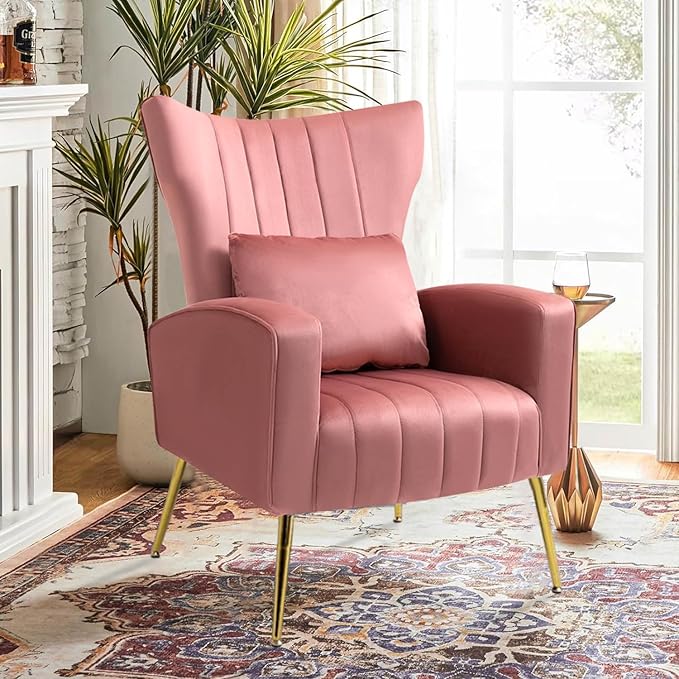 Velvet Accent Chair for Living Room Bedroom Modern Arm Chair with Wingback &amp Gold Metal Legs Lumbar Pillow Included Blush Pink