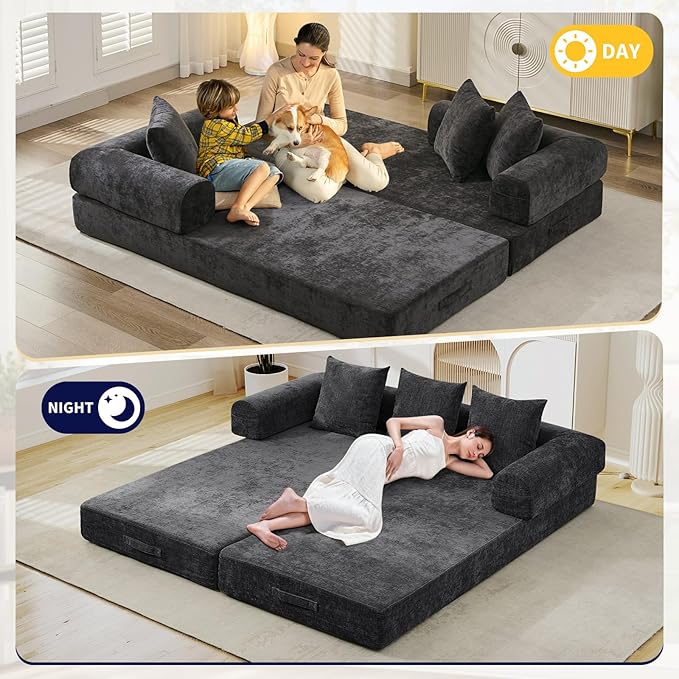 3 in 1 Convertible Futon Sofa Bed Modern King Size Chenille Loveseat Sleeper Sofa Folding 3-Seater Foldable Lounger Couch Bed for Living Room Bedroom Guest Room (Black 3 Throw Pillows)