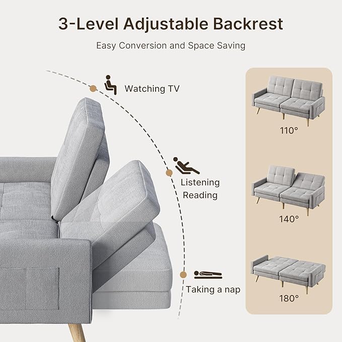 Gizoon 70.9 Sofa Bed Futon Couch Bed with Adjustable Backrest Modern Sleeper Sofa with Removable Armrest for Extended Length Love Seat for Living Room Office and Small Spaces Apartment Grey