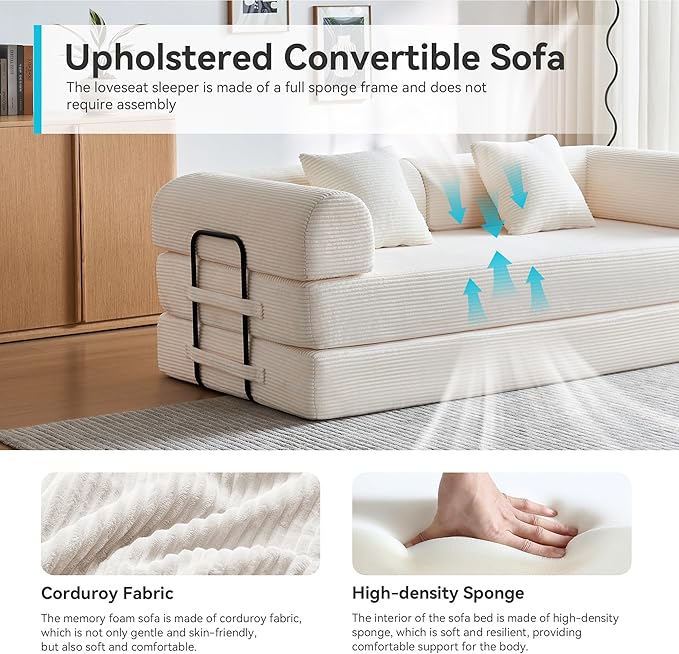 Convertible Folding Mattress Couch 5-in-1 Futon Sofa with Armrests Sleeper Mattress Sofa Bed Comfy Fold Out Bed for Living Room Bedroom LoungeGuest Office (Beige White)