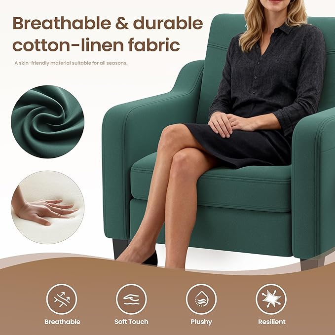 Accent Chair for Living Room Modern Linen Upholstered Armchair Side Wooden Fabric Sofa Chair with Foldable Table 2 Side Pockets Comfy Reading Chair for Bedroom