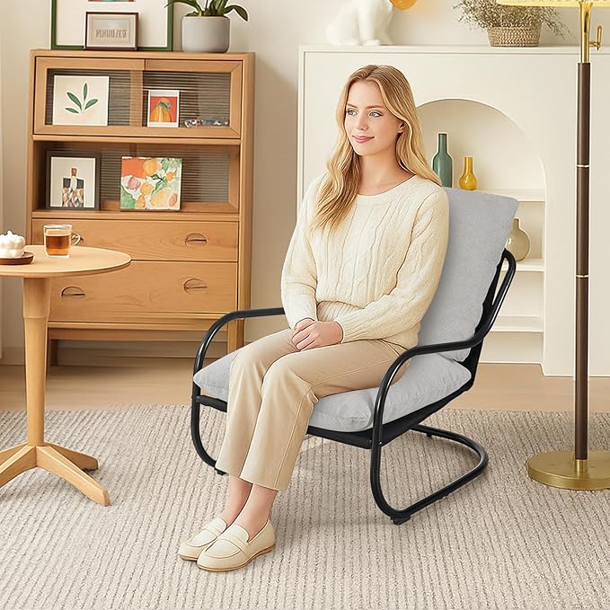 Peace nest Modern Accent Chair Comfy Living Room Suspended Chair Bedroom Armchair with Mental Frame Comfortable Upholstered Cushion for Balcony Lounge Reading Meeting Room Light Grey