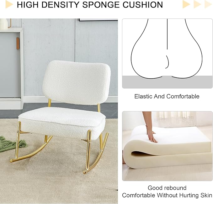 Teddy Suede Material Cushioned Rocking ChairUnique Rocking ChairCushioned seat White Rocking Chair with backrest and Golden Metal Legs. Comfortable Chairs in Living Room