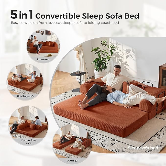 5-in-1 Convertible Cloud Sofa Bed | 79 Corduroy with High-Density Foam &amp 4 Reinforced Steel Frames | No Tools Setup Straight Armrests for Small Space Apartment Living (Orange)
