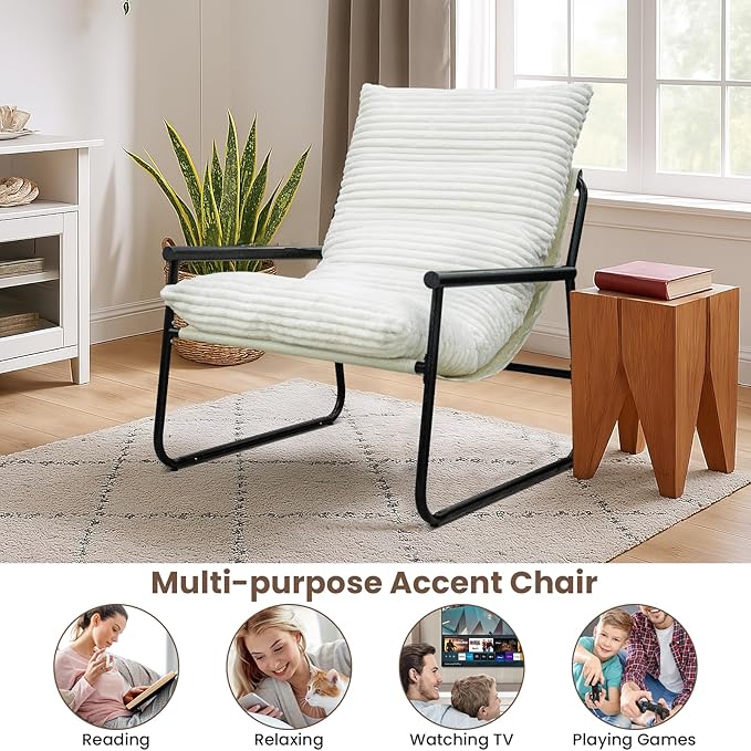 Accent Chair with Arms Living Room Chair with Cushion Comfy Chairs Padded Patio Leisure Lounge Chair Reading Nook &amp Bedroom 200Lbs Capacity(White)
