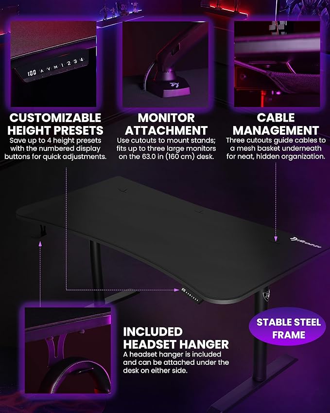 Arozzi Arena Moto Gamer Desk - 63x32” Electric Standing PC Gaming Desk with Storage for Cables - Dual Motor Steel Frame &amp Full-Surface Washable Mousepad - Pure Black