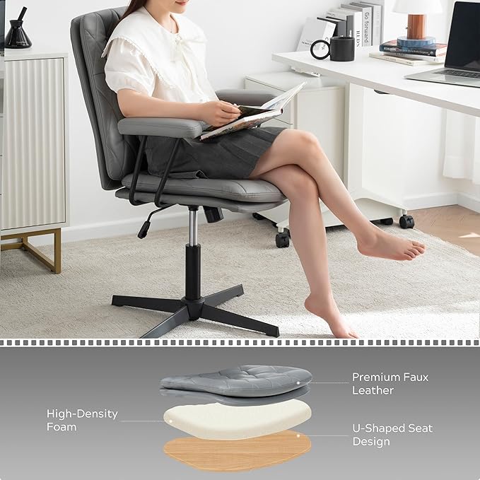 Home Desk Chair No Wheels with Arms Crossleg Stationary Ergonomic Office Swivel Working Computer Chair Grey