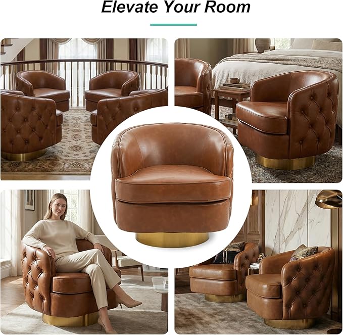 Brown Leather Barrel Swivel Chair Modern PU Accent Chair 360° Rotating with Tufted Back for Living Room Bedroom Office with Removable Cushion Mid-Century Modern Club Seating