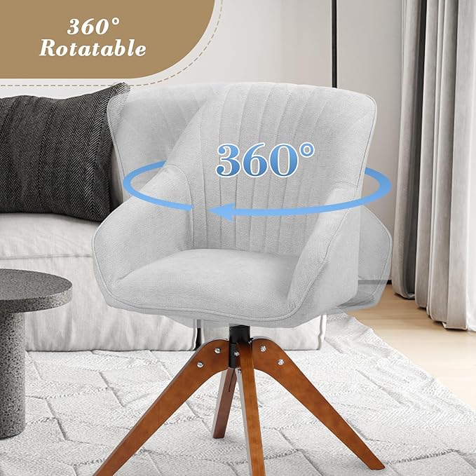 Athena Collection Swivel Modern Accent Chair Linen Upholstered Armchair Office Desk Chair No Wheels with Wooden Legs Comfy Vanity Chair Reading Chair for Bedroom Living Room Gray