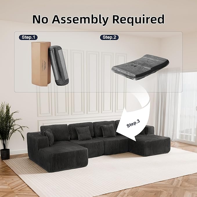 132 U Shaped Sectional Couch Large Modular Cloud Couches with Double Chaise Lounge Comfy Corduroy Cloud Sofa with Pillows Boneless Couches for Living Room Grey