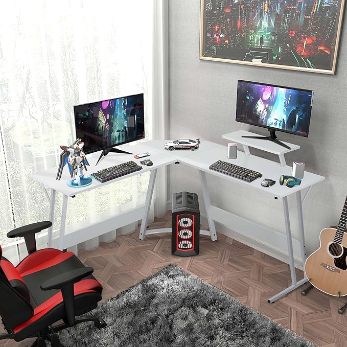 L Shaped Gaming Desk Modern Computer Desk Home Office Desks with Large Monitor Riser Stand Sturdy PC Desk for Bedroom Minimalist White 50Inch