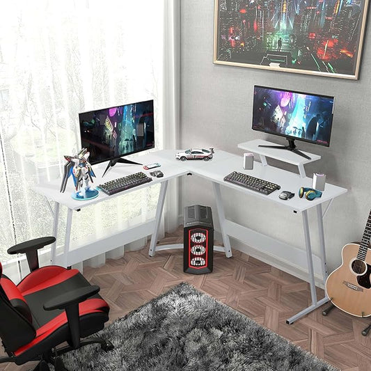 L Shaped Gaming Desk Modern Computer Desk Home Office Desks with Large Monitor Riser Stand Sturdy PC Desk for Bedroom Minimalist White 50Inch